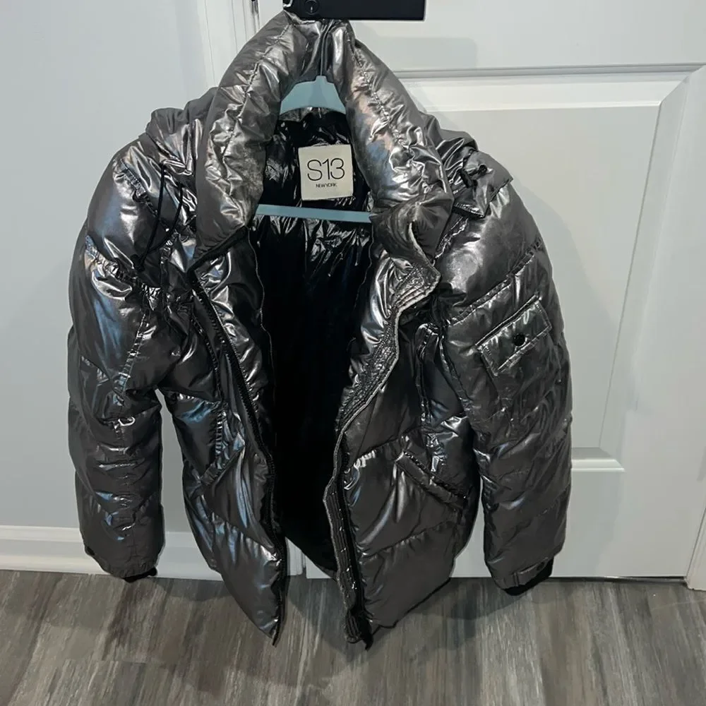 S13 Kylie Metallic Duck Down Feather Detachable Hooded Puffer Jacket
